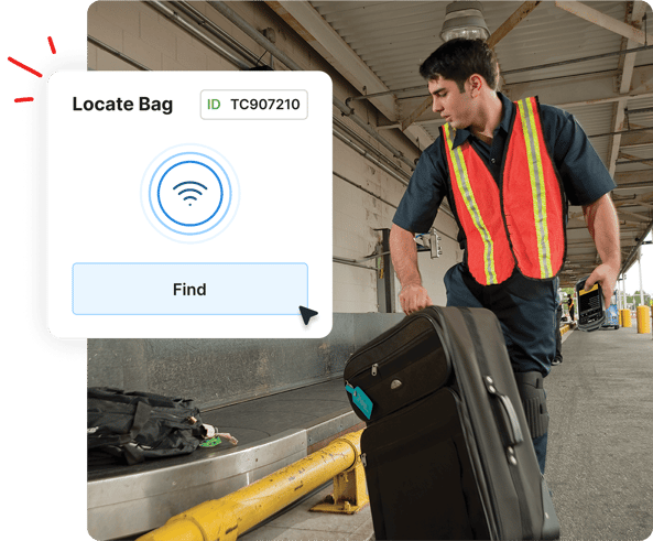 A worker in a safety vest scans luggage on a conveyor with a Locate Bag screen overlay.