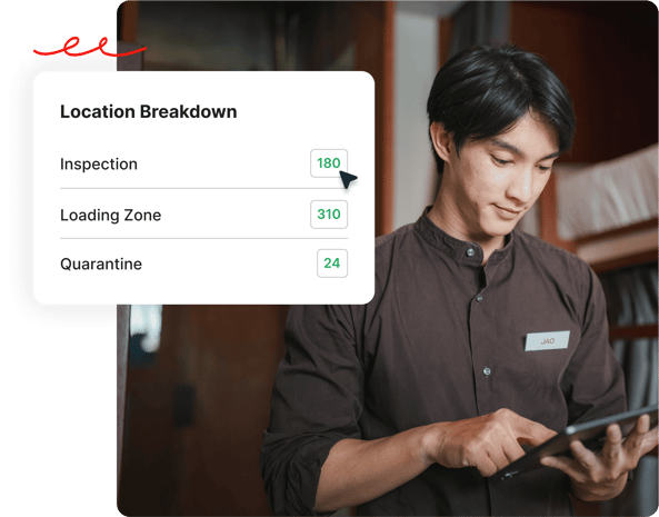 A man uses a tablet; a location breakdown chart shows inspection: 180, loading zone: 310, quarantine: 24.