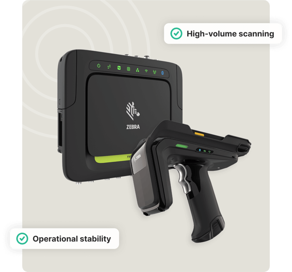 Zebra RFID reader and scanner with icons labeled High-volume scanning and Operational stability.