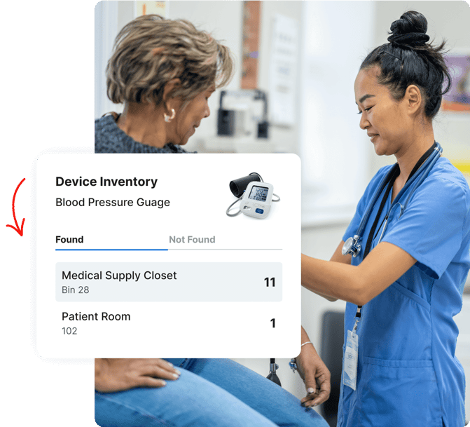 Nurse takes patient’s blood pressure; overlay shows device inventory for a blood pressure gauge.
