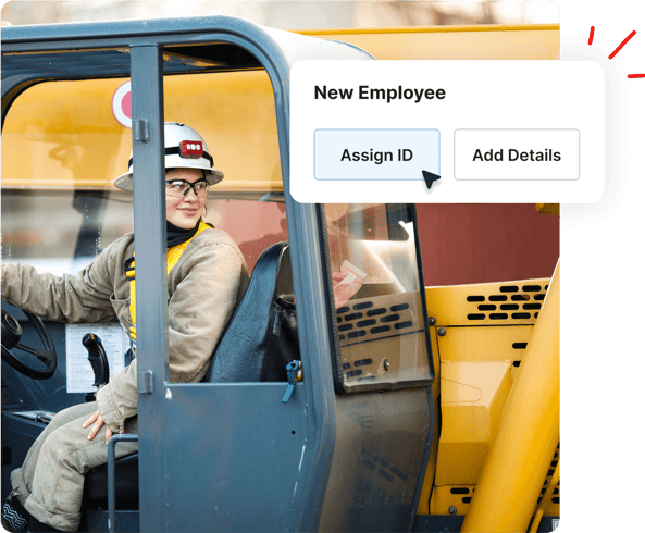 A construction worker in a vehicle with an overlay showing New Employee and Assign ID and Add Details buttons.