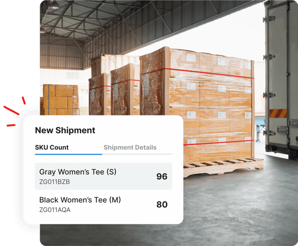 Large pallets with boxes in a warehouse; shipment details for womens tees are shown in an overlay.
