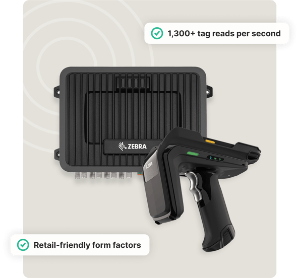Two Zebra RFID devices with captions: 1,300+ tag reads per second and Retail-friendly form factors.
