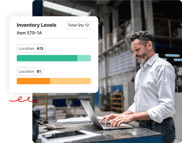 A man types on a laptop in a warehouse; an inventory levels chart is displayed beside him.