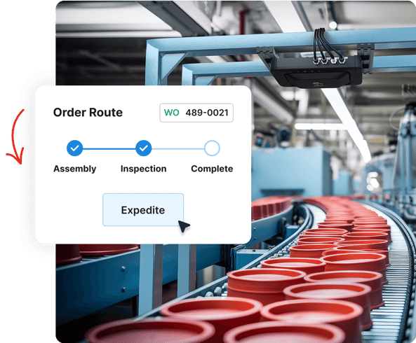 A conveyor belt with red containers and a workflow interface showing order route steps and an “Expedite” button.