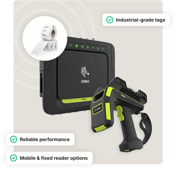 Zebra RFID reader, RFID tags, and scanner with icons for industrial-grade tags, performance, and mobility.