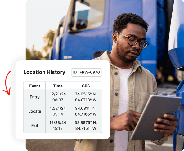 A man uses a tablet near a blue truck; an overlay shows vehicle location history with dates, times, and GPS data.